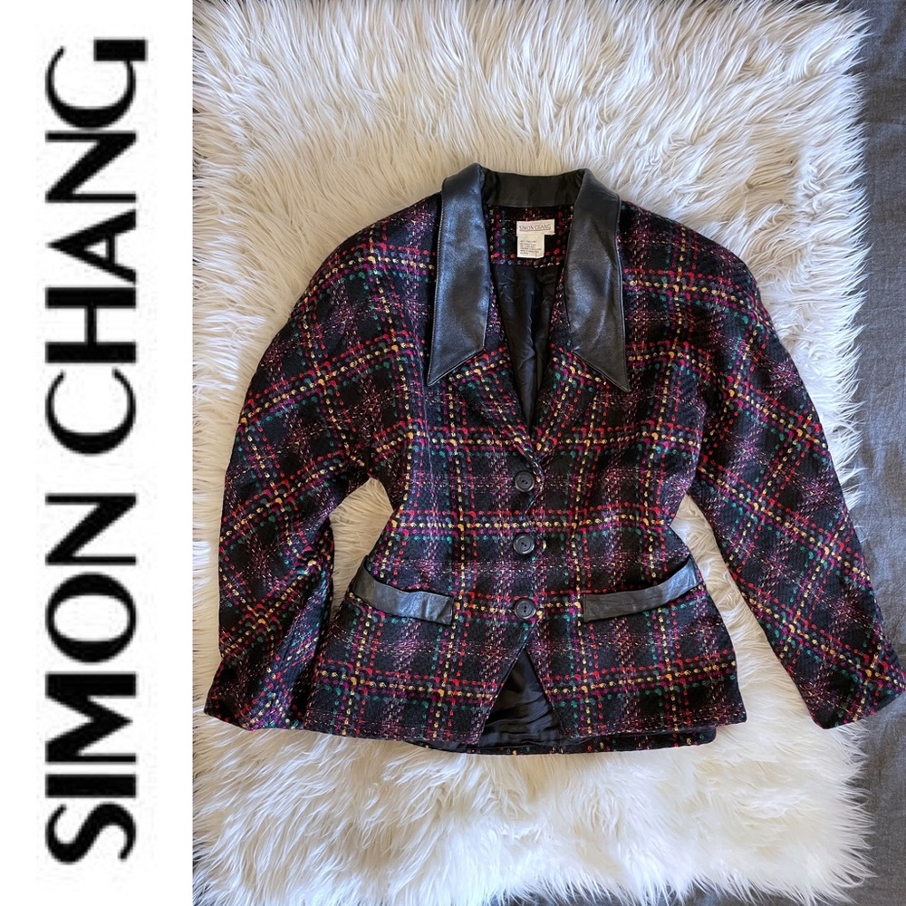 Vintage SIMON CHANG multicoloured wool blazer with leather lapel